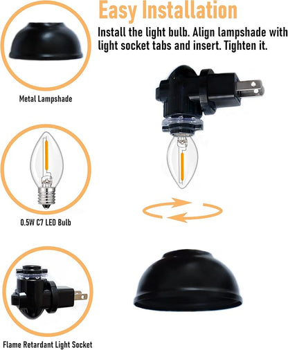 Farmhouse Plug in Night Light with On Off Switch, 2-Pack 0.5W LED Night Lights Plug into Wall Socket, Vintage Nightlight with Matte Black Metal Lamp Shade for Adult Kids Room Bathroom Hallway