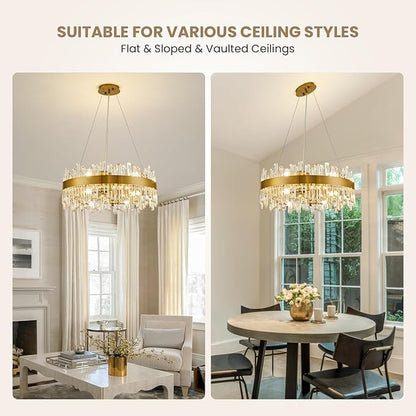Modern Crystal Chandelier for Dining Room, 12-Light Luxury Gold Flush Mount Crystal Ceiling Light 2-Tiers K9 Crystal Raindrop Chandelier for Living Room Kitchen Entryway Foyer D23.6''