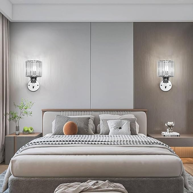 Hardwired Crystal Wall Sconces, Modern E27 Wall Lights, Silver Round Finish Wall Lamp for Living Room Bedroom Dining Room Hallway Entryway (Silver Round)