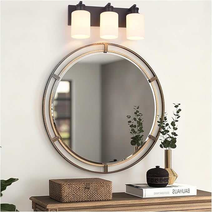 Bathroom Vanity Light, Modern 3 Light Bathroom Light Fixture Over Mirror with White Glass Shade, Black Vanity Lights for Bathroom, E26 Base, 16.5 inch (Bulbs Not Included)