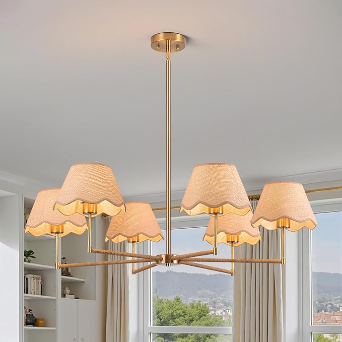 39" Boho Rattan Chandelier, 6-Lights Rustic Industrial Pendant Light Fixtures with White Woven Shade, Adjustable Height Farmhouse Large Pendant Lighting for Kitchen Dining Living Room, E26