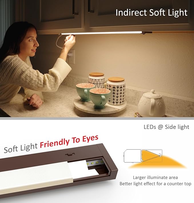 Leetdud LED Under Cabinet Lighting Hardwired or Plug in, 16 Inch 8W, Dimmable 5 Color 2700K/3000K/3500K/4000K/5000K, Linkable Eyes Care Design Counter Lights for Kitchen, Sink, ETL Listed, Bronze