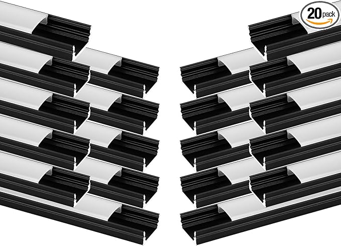 Besseto 20Pack 6.6Ft/2M Black LED Aluminum Channel,LED Strip Light Diffuser Aluminum Channel Profile Housing Extrusion for Under Cabinet Counter and Stairs (Black-20Pack 6.6ft)