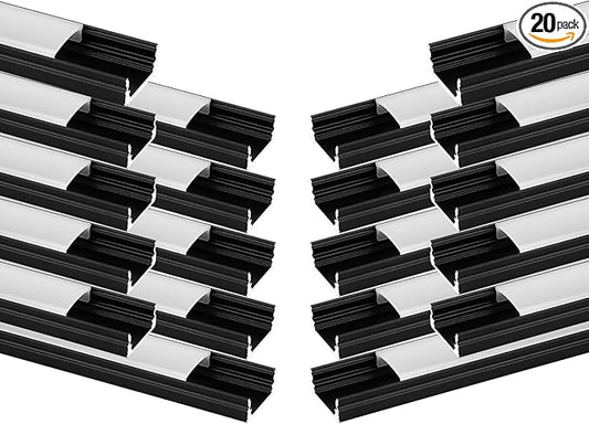 Besseto 20Pack 6.6Ft/2M Black LED Aluminum Channel,LED Strip Light Diffuser Aluminum Channel Profile Housing Extrusion for Under Cabinet Counter and Stairs (Black-20Pack 6.6ft)