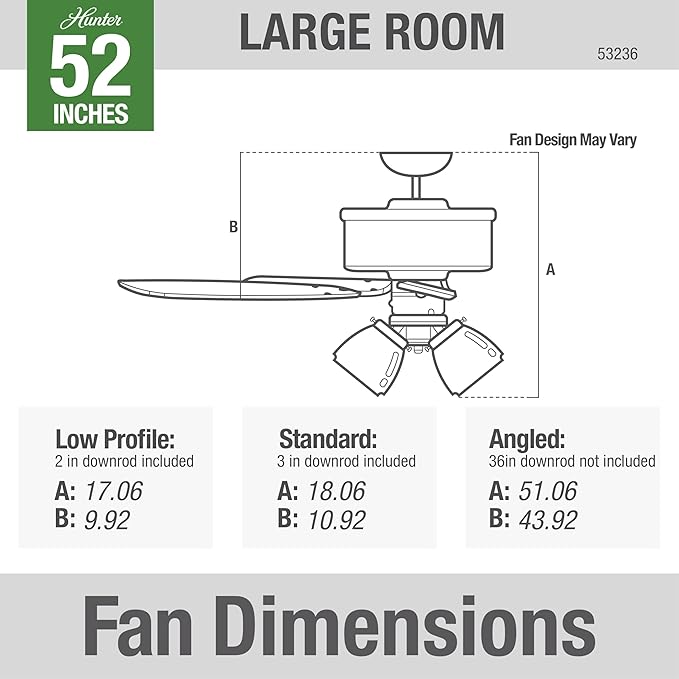 Hunter 52 inch Indoor Ceiling Fan with LED Lights - White Ceiling Fan with Pull Chain, For Bedroom or Living Room, Standard Mount, No Remote, 5 Blades, Includes Bulbs - Builder Plus 53236, Snow White