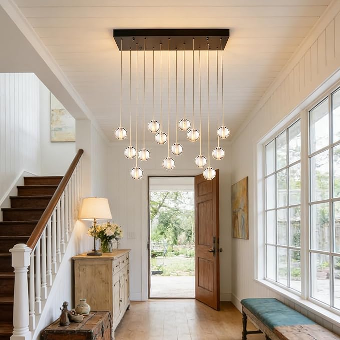 14 Lights Black Raindrop Rectangle Chandelier, Modern Bubble Crystal Chandelier for Dining Room, Large Pendant Light for High Ceilings Staircase Foyer Entryway Living Room Kitchen Island