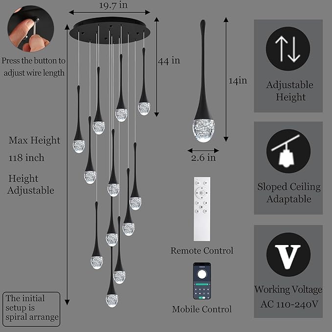 Modern Crystal Staircase Chandelier Black 12-Lights, H120'' Large High Ceiling Spiral Dimmable LED Raindrop Foyer Entryway Light Fixture Remote Control