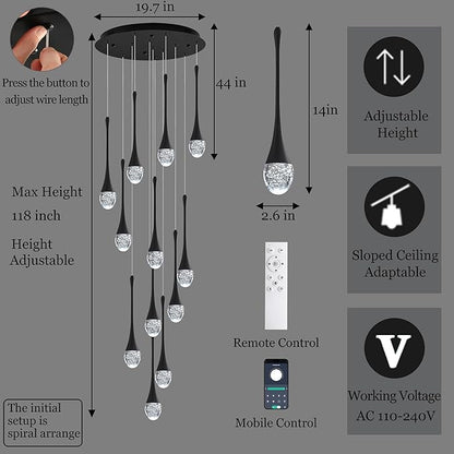 Modern Crystal Staircase Chandelier Black 12-Lights, H120'' Large High Ceiling Spiral Dimmable LED Raindrop Foyer Entryway Light Fixture Remote Control