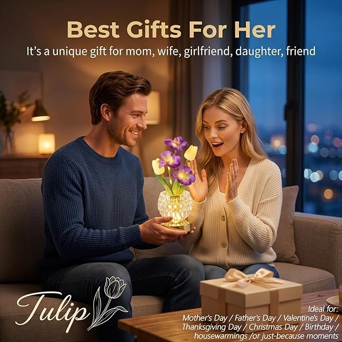 Flower Table Lamp, 3 Colors Tulip Night Light, Cordless Touch Dimming Flower with Vase Lamp, LED Desktop Decorative Landscape Lights for Festival Party Home Decor (Purple-Sakura)