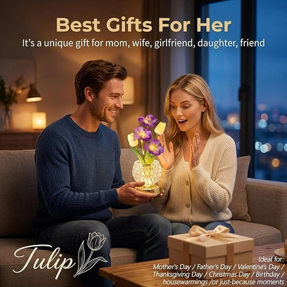 Flower Table Lamp, 3 Colors Tulip Night Light, Cordless Touch Dimming Flower with Vase Lamp, LED Desktop Decorative Landscape Lights for Festival Party Home Decor (Purple-Sakura)