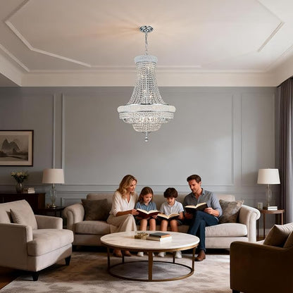Crystal Chandeliers for Dining Room Light Fixture，Empire Style K9 Crystal Chandeliers for Entryway，18 Lights Chrome Luxury Lighting Fixtures for Living Room Bedroom Foyer Hallway D26 Inch