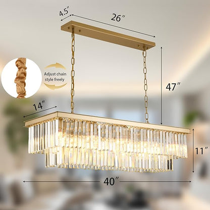 Gold Rectangular Chandelier 40 Inch-10-Light Luxury Crystal Pendant Lighting for Dining Room, Kitchen Island & Bar-Adjustable Height, Flush Mount Ceiling Fixture,Premium Lighting Fixture(Gold, L-40")