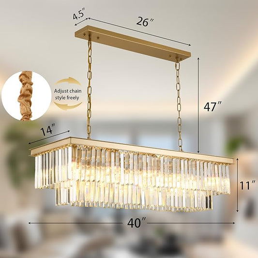 Gold Rectangular Chandelier 40 Inch-10-Light Luxury Crystal Pendant Lighting for Dining Room, Kitchen Island & Bar-Adjustable Height, Flush Mount Ceiling Fixture,Premium Lighting Fixture(Gold, L-40")