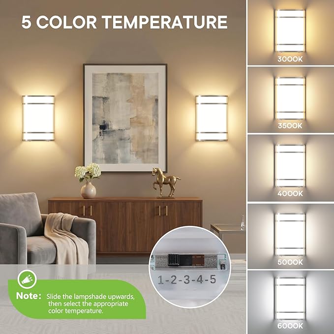 Led Wall Lights Indoor- Modern Wall Sconce Lighting 3000K/4500K/6000K Adjustable Led Wall Lamps for Hallway, Staircase, Corridor, Bedroom, Living Room, Kitchen (2, Brushed Nickel)