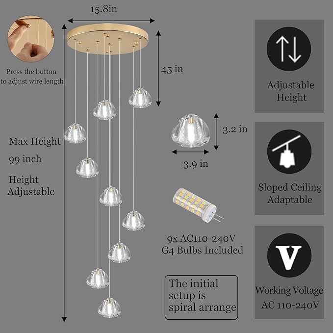 Modern Crystal Chandelier 9-Lights High Ceiling Raindrop Chandelier, Gold LED Round Indoor Lighting Fixture for Foyer Staircase Living Room