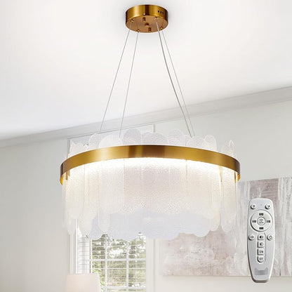 Depuley Modern Gold Glass Chandeliers: 23.6" Dimmable LED Chandeliers Light Fixture with Remote Control - 3 Colors Contemporary Pendant Ceiling Light for Dining Living Room Kitchen Island Foyer