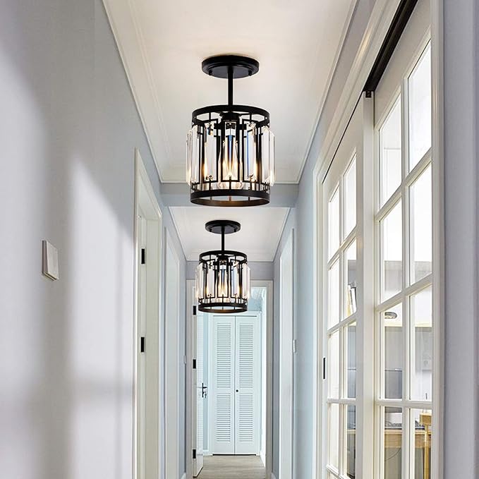 Modern One- Light 1XE26 Pendant Light Ceiling Hanging Light Fixture with K9 Crystals for Kitchen Restaurant Cafe Dining Room Island Light Black