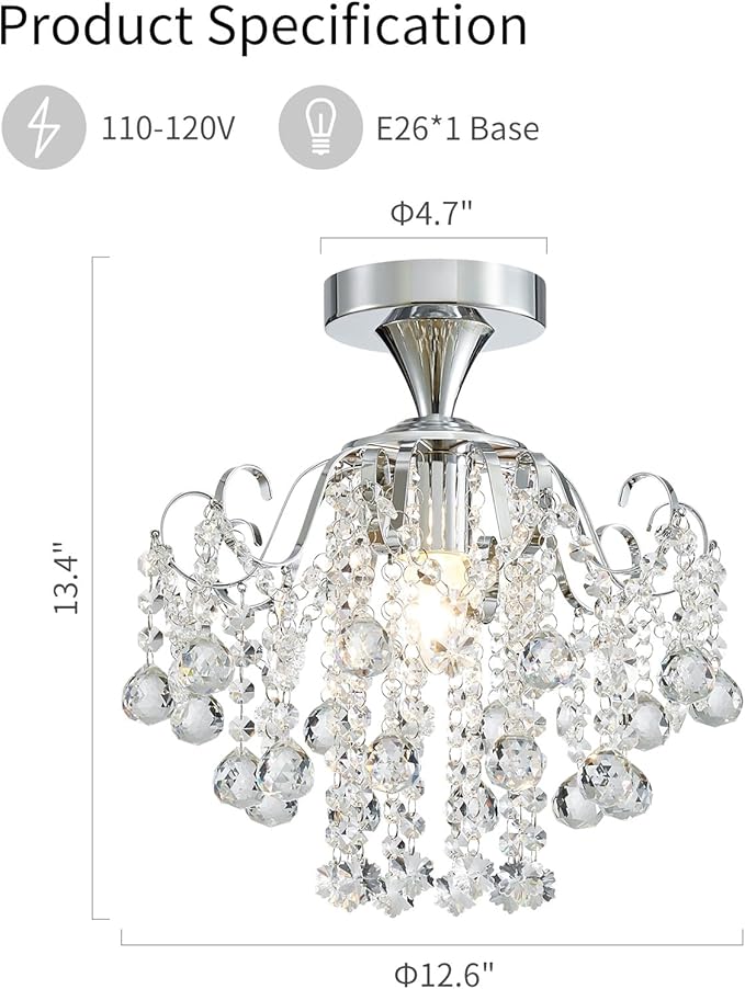 WUZUPS Crystal Chandelier Flushmount Ceiling Light Modern Lighting Fixture for Bedroom Hallway Bar Kitchen Bathroom, H 13.4" x W 12.6", E26 Base, Chrome