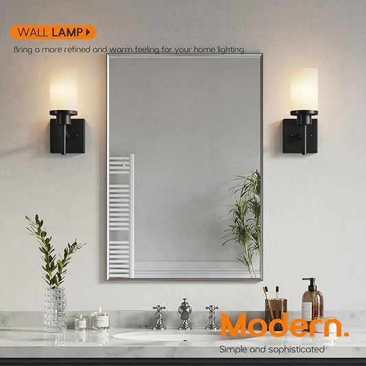 Wall Light Fixtures Matte Black Bathroom Vanity Lights Over Mirror with White Frosted Glass Shade, Wall Lamps for Porch Entrance, 2 Pack T001MB-L1-P2