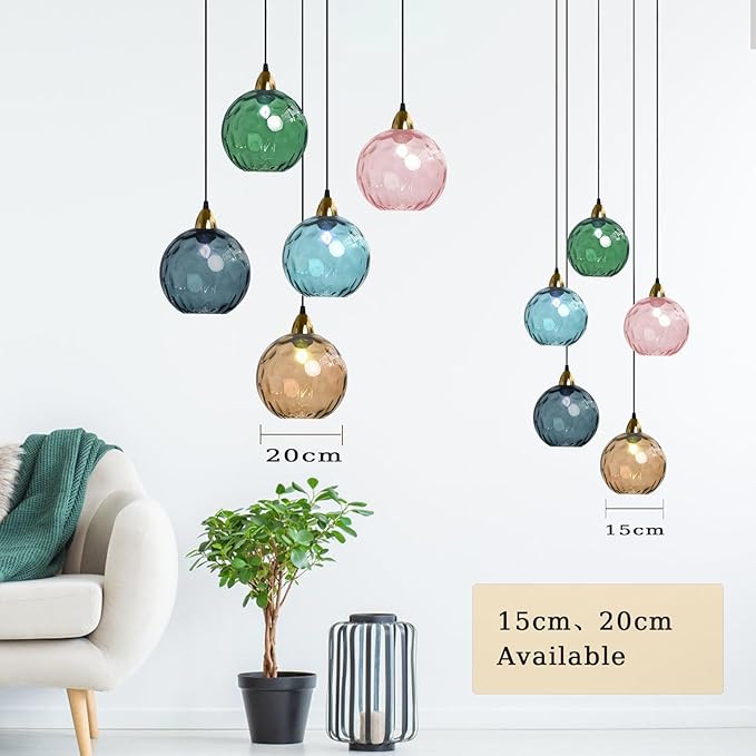 15cm/5.9’’ Industrial Vintage Spherical Glass Pendant Light, E26 Ceiling Hanging Lamp, Gold Finish & Ripple Glass Globe Shade, Dining Room Bedroom Chandelier (Green)