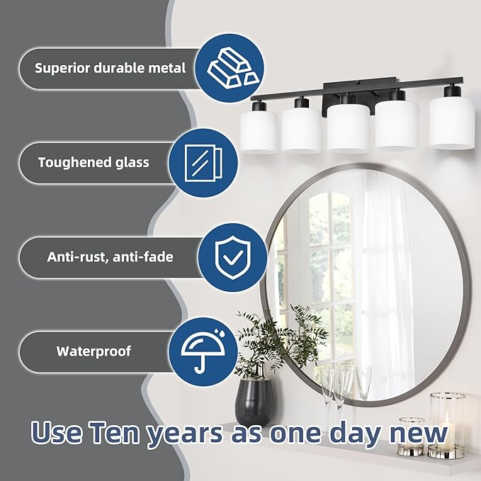 SILAMPDI Black Bathroom Light Fixtures Over Mirror, 5-Light Vanity Lights for Bathroom, Modern Wall Sconces Lighting for Bedroom Living Room, Milky White Glass Shades, E26 Base, Bulbs Not Included