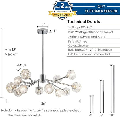 Weesalife Sputnik Chandeliers for Dining Room Light Fixture Over Table, Modern Crystal Chandeliers, 12 Lights Chrome Lighting Fixtures for Living Room Bedroom Kitchen Island Bar