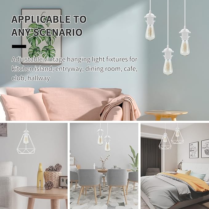 Industrial Mini Pendant Light Kit, Edison Retro Pendant, UL E26 Lamp Socket Vintage Pendant Light Cord, Mini Ceiling Hanging Light Fixtures, Adjustable Hanging Light Kit for Kitchen (White)