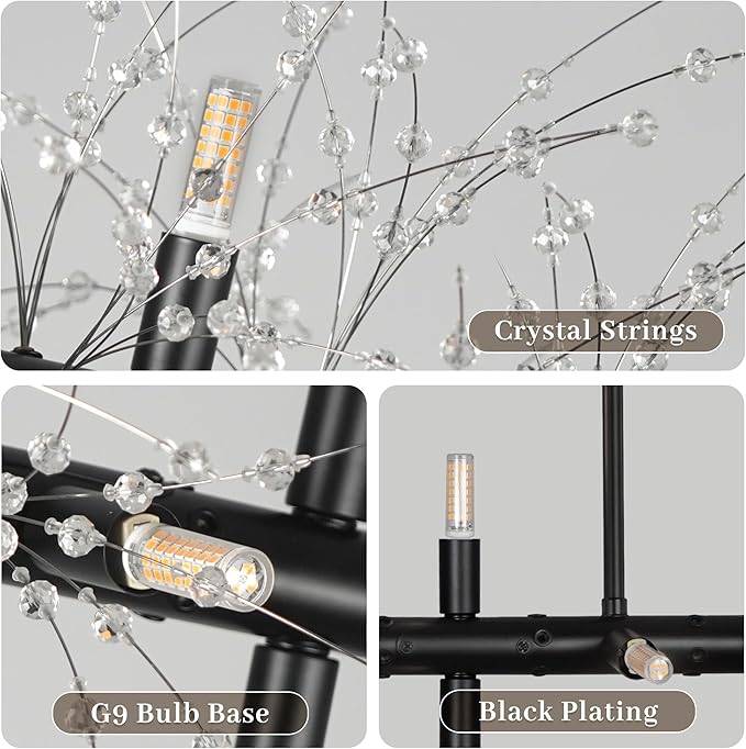 Chandeliers for Dining Room 59" Linear Crystal Chandeliers Light Fixture Firework Dandelion Sputnik Chandelier Long Black Crystal Branch Pendant Light for Kitchen Island Living Room Dining Table
