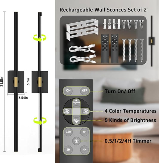 iThird Battery Operated Wall Sconces Set of 2: 10000mAh Rechargeable Wall Lights with Remote Control, 360° Rotate Wireless Wall Scone Decor for TV/Mirror Bedroom Living Room, 31.5 Inch, Black