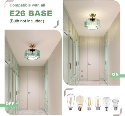 Vintage Thickened Glass Flush Mount Ceiling Light - 2 Pack Mint Green Semi Flush Mount Light Fixture Gold Chandelier Closet Light for Cottage Porch Corridor Bedroom