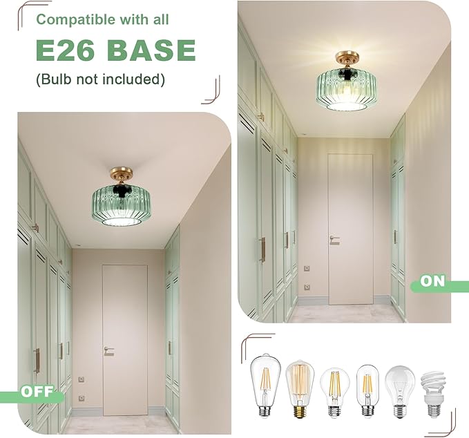 Mint Green Mid Century Modern Close-to-Ceiling Light 11.02" Vintage Flush Mount Light Fixture with Thickened Glass for Hallway, Kitchen, Corridor, Entryway Lighting