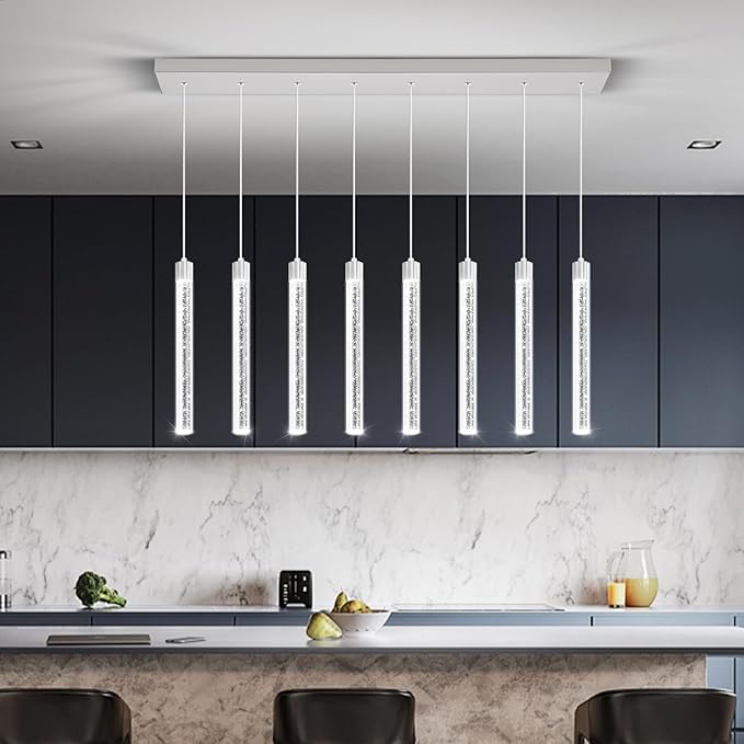 Modern LED Dimmable Crystal Column Chandelier Living Room Rectangular Crystal Chandelier Pendant Light for Dining Room Adjustable Height 8-Light Silver
