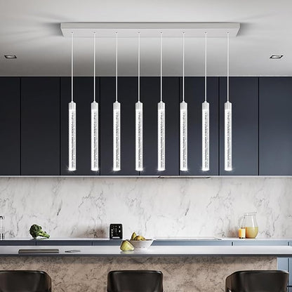 Modern LED Dimmable Crystal Column Chandelier Living Room Rectangular Crystal Chandelier Pendant Light for Dining Room Adjustable Height 8-Light Silver