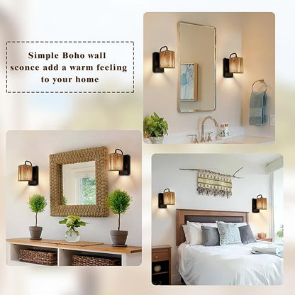 Boho Wall Sconce, Rattan Wall Light Fixtures with Hemp Rope Sconces for Living Room Bathroom Hallway Rustic Bohemian Modern Woven Scocne E26 10inch