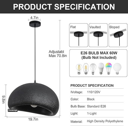 19.7in Wabi Sabi Pendant Light, Kitchen Island Lighting Fixture Ceiling Mount Japanese Lamp Japandi Chandelier for Dining Living Room Hallway Bedroom Restaurant Hanging Lamp, Black 1 Pack