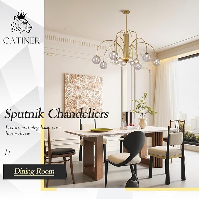 CATINER Gold Chandeliers 12 Lights Modern Sputnik Chandelier Large L52”Mid Century Ceiling Pendant Light Fixtures with Smoke Glass Globe Shades for High Ceiling Living Dining Room Foyer Staircase