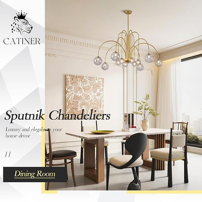 CATINER Gold Chandeliers 12 Lights Modern Sputnik Chandelier Large L52”Mid Century Ceiling Pendant Light Fixtures with Smoke Glass Globe Shades for High Ceiling Living Dining Room Foyer Staircase