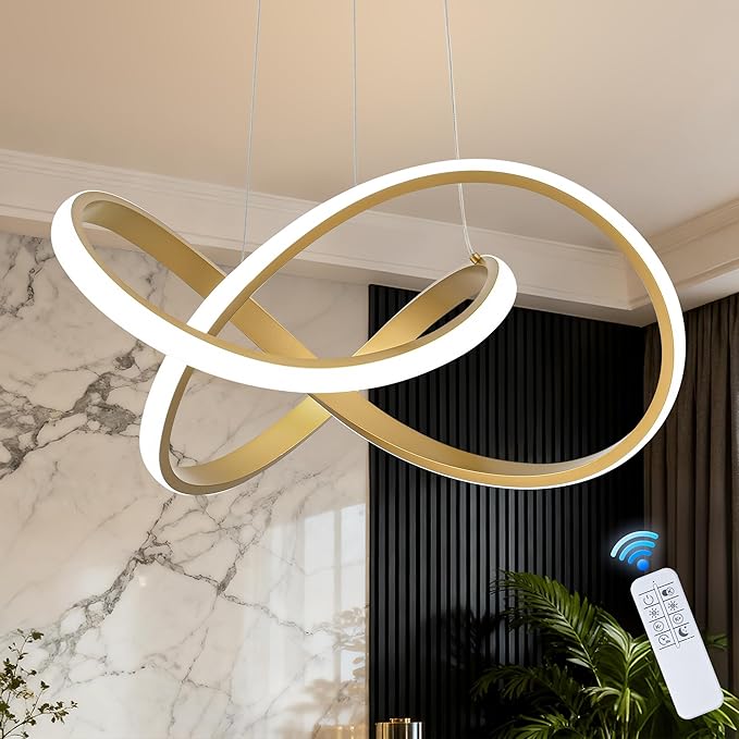 MAYNA LED Chandelier with Remote Control, 3-Color Modern Dimmable LED Pendant Light Fixtures, Height Adjustable Kitchen Light Fixtures for Dining Room Kitchen Entryway Living Room, Gold 25.6 inch