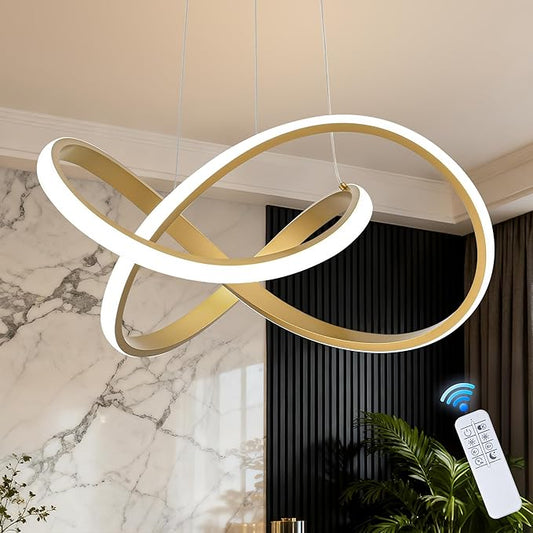 MAYNA LED Chandelier with Remote Control, 3-Color Modern Dimmable LED Pendant Light Fixtures, Height Adjustable Kitchen Light Fixtures for Dining Room Kitchen Entryway Living Room, Gold 25.6 inch