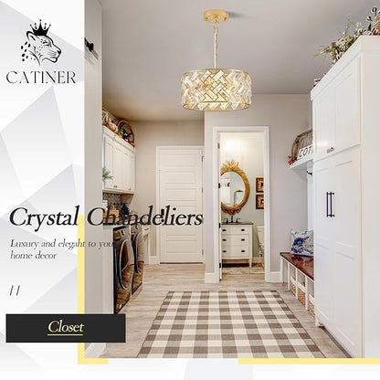 Modern Gold Crystal Chandeliers, Small Semi Flush Mount Chandelier 4-Ligh 12'' Drum Crystal Pendant Light Fixture for Foyer Entryway Kitchen Hallway Dining Room