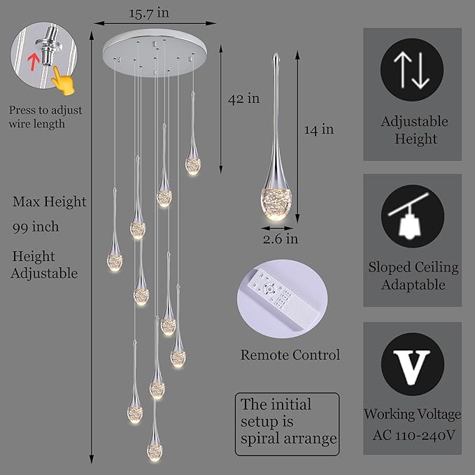Modern Crystal Chandelier 9-Lights Chrome, H98.5'' High Ceiling Spiral Dimmable LED Bubble Crystal Raindrop Light Fixture for Foyer Entryway Dining Room Remote Control