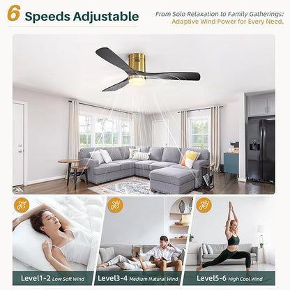 CACI Mall 52 Inch Wood Flush Mount Ceiling Fan with Lights, 3 Blades, Low Profile, Modern, 3CCT, Dimmable, Noiseless, Remote Contral, Outdoor Indoor Ceiling Fans for Bedroom/Farmhouse/Patio