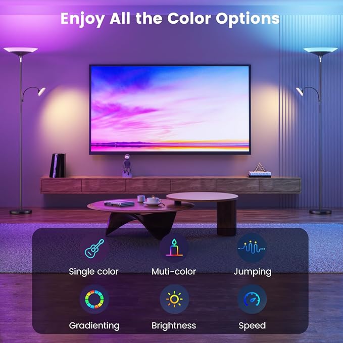 SIBRILLE RGB Torchiere Floor Lamp - 2 Way Dimmable LED Standing Lamp with Remote&Button Control, 34W Rotatable Floor Reading Light, 72'' Tall Modern Corner Lamp for Living Room Bedroom Office, Black