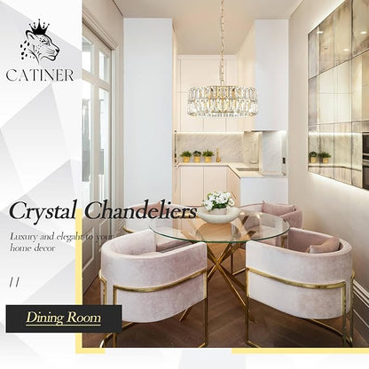 CATINER 3 Pack Small Gold Crystal Chandeliers, 4-Light Modern Semi Flush Mount Chandelier Drum Crystal Ceiling Pendant Light Fixture 12” for Kitchen Hallway Dining Room Foyer Entryway