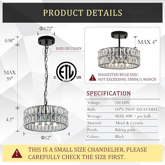 Crystal Pendant Light 4-Light Modern Black Chandelier Small 12” Crystal Semi Flush Mount Ceiling Light Round for Kitchen Island Foyer Hallway