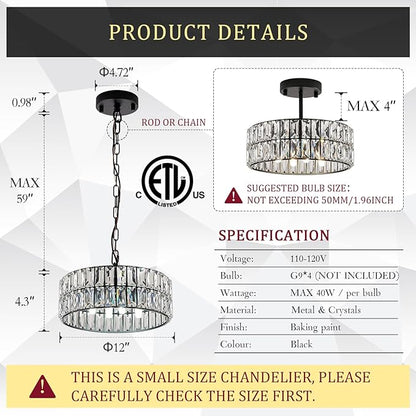 CATINER 3-Pack Black Crystal Pendant Light 4-Light Modern Chandelier Small 12” Crystal Semi Flush Mount Ceiling Light Round for Dining Room Kitchen Island Foyer Hallway
