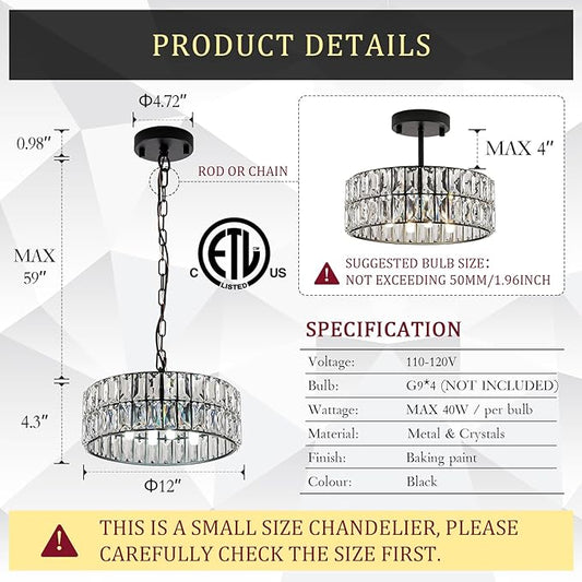 CATINER 3-Pack Black Crystal Pendant Light 4-Light Modern Chandelier Small 12” Crystal Semi Flush Mount Ceiling Light Round for Dining Room Kitchen Island Foyer Hallway