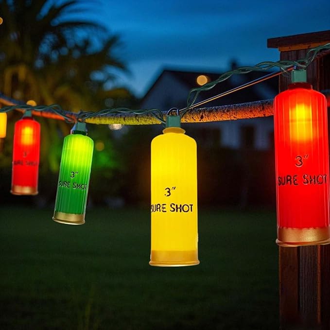 8.5FT LED Shotgun Shell String Lights with 10 Multicolor Novelty 3D Bullets Holiday Decor for Christmas,Mexican Fiesta,Summer Parties,Indoor/Outdoor Patio Bedroom Lighting (Green Wire)