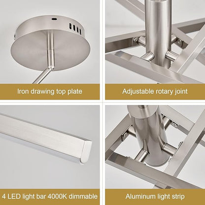 Nickel Modern LED Chandelier, Dimmable 4 Lights Ceiling Pendant Lighting for Dining Room Living Room Kitchen Island Bedroom Foyer 3000K/4000K/5000K 3CCT Selective, 27.76in