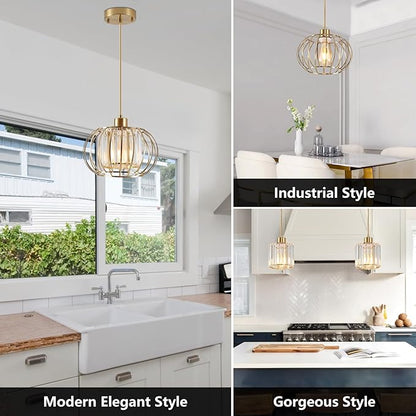 XSDeTu Gold Pendant Light Fixture, Modern Crystal Pendant Lights Kitchen Island, 1-Light Farmhouse Mini Chandelier, Adjustable Brass Hanging Light Fixture for Hallway, Bedroom, Dining Room